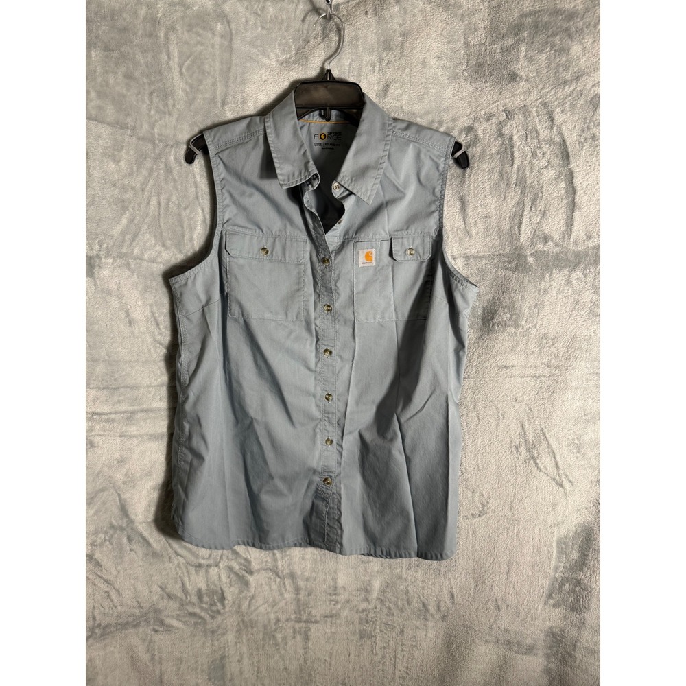 Carhartt Force Women L 12/14 Relaxed Fit Sleeveless Ripstop Work Shirt Blue